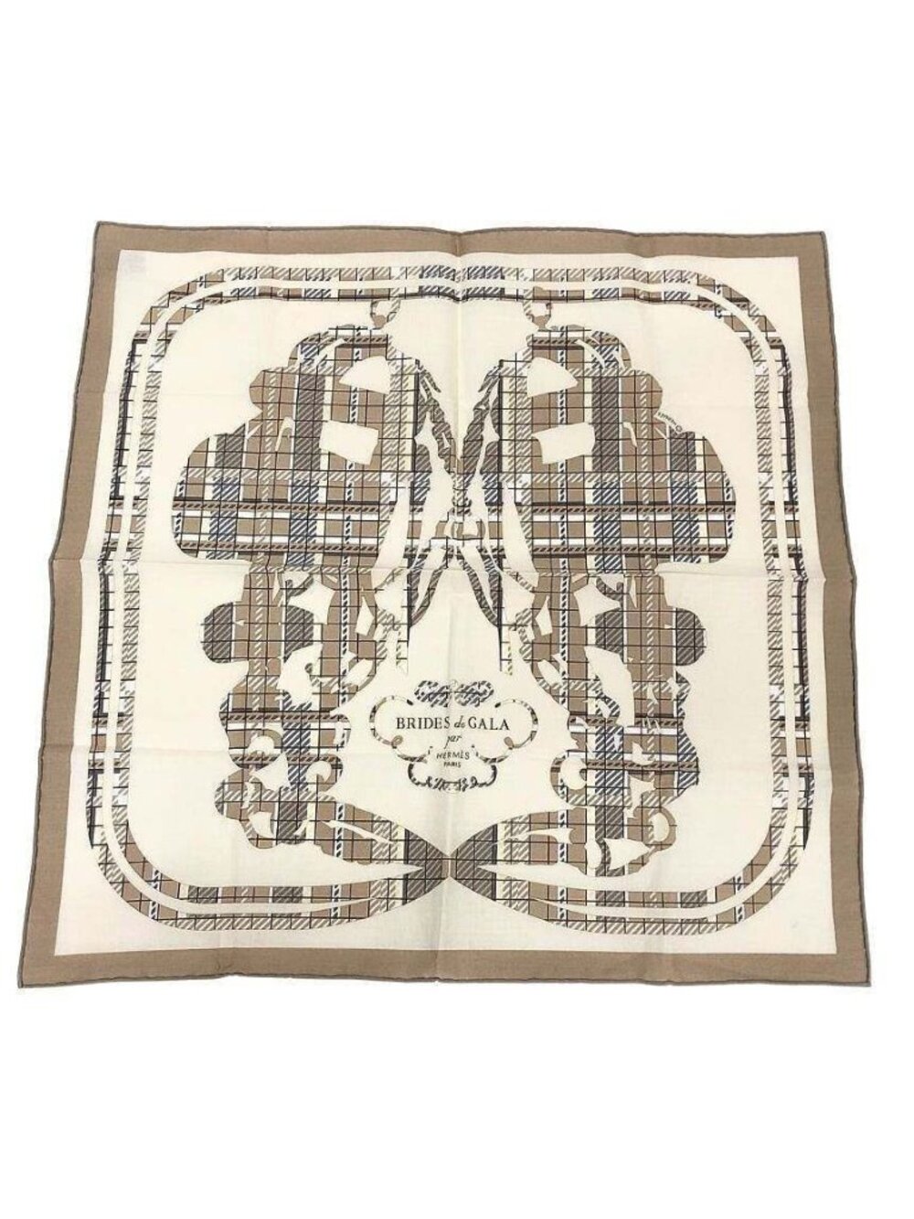 Hermes Handkerchief Cotton Carre Brides de Gala Tartan 02 Ecru Beige